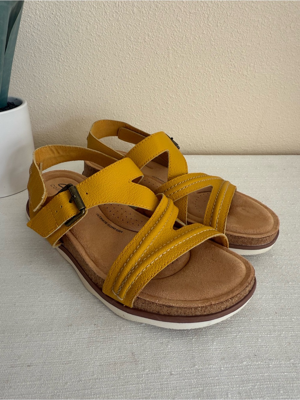 Clark’s Mustard Yellow Leather Buckle Cork Wedge Comfort Sandals